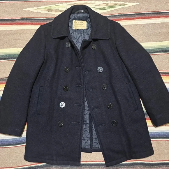 Schott NYC U.S 740N classic melton wool navy Pea Coat men’s size 38 USA vintage - Picture 2 of 12